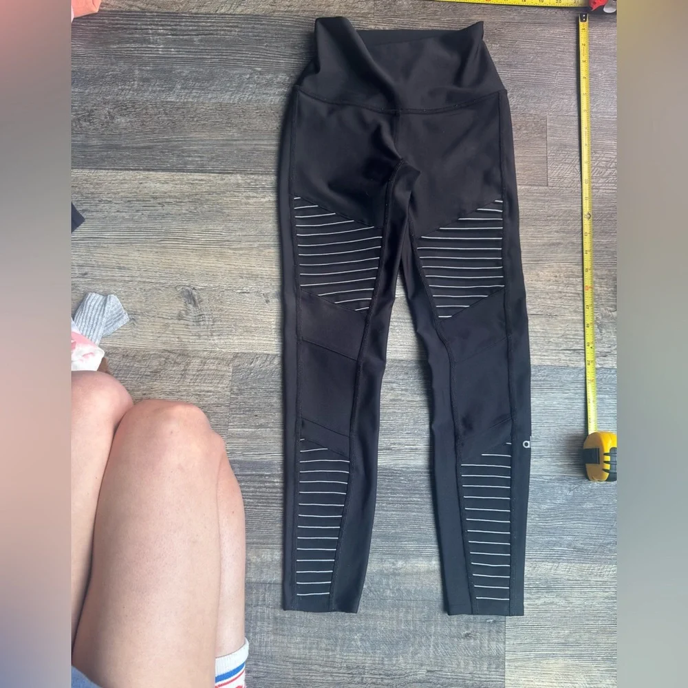 ALO Yoga Black Moto Leggings with Striped Detail